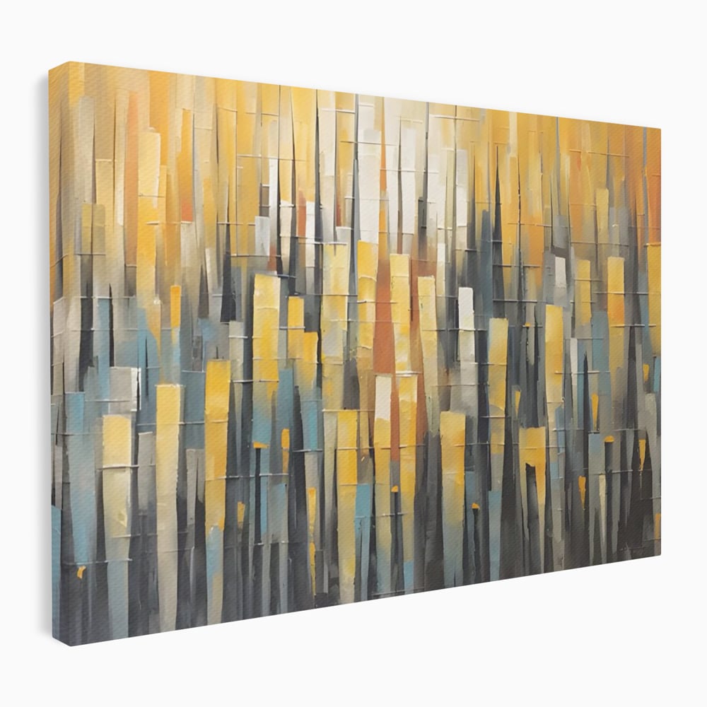 Tablou canvas cu pictura abstracta cu dungi verticale aurii, fara rama, pe sasiu de lemn